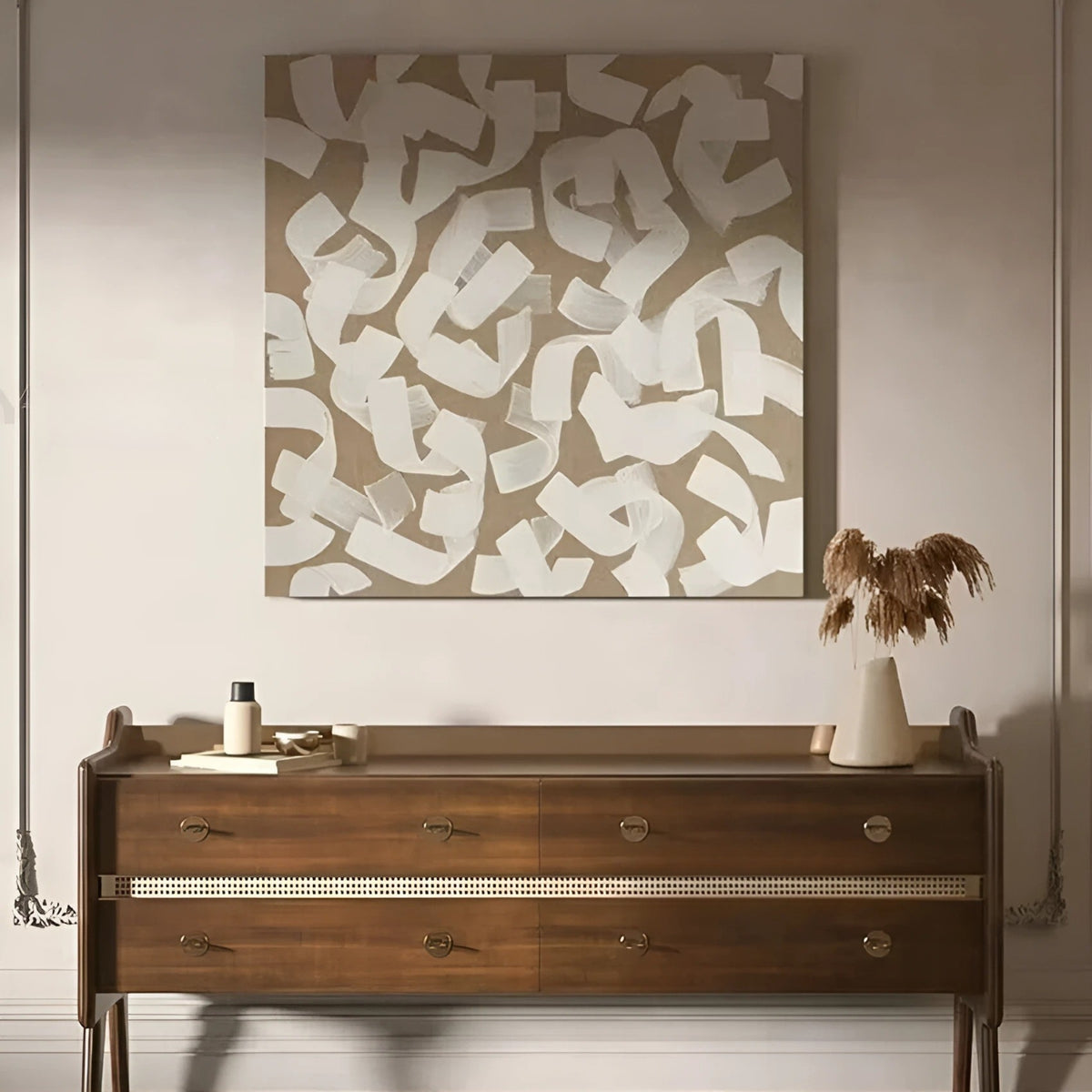 Contemporary handmade wall art with soft white forms, great for calm and airy bedrooms.