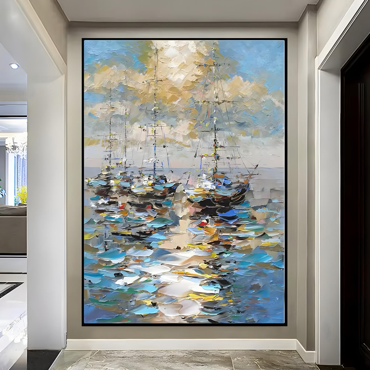 Hand-painted oil painting of sailboats on water, perfect for coastal home décor or modern living rooms.