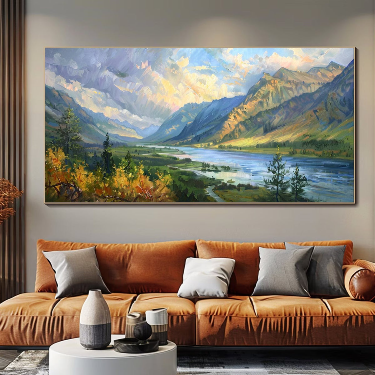 Hand-painted mountain landscape oil painting with a serene river view, perfect for modern living room decor.