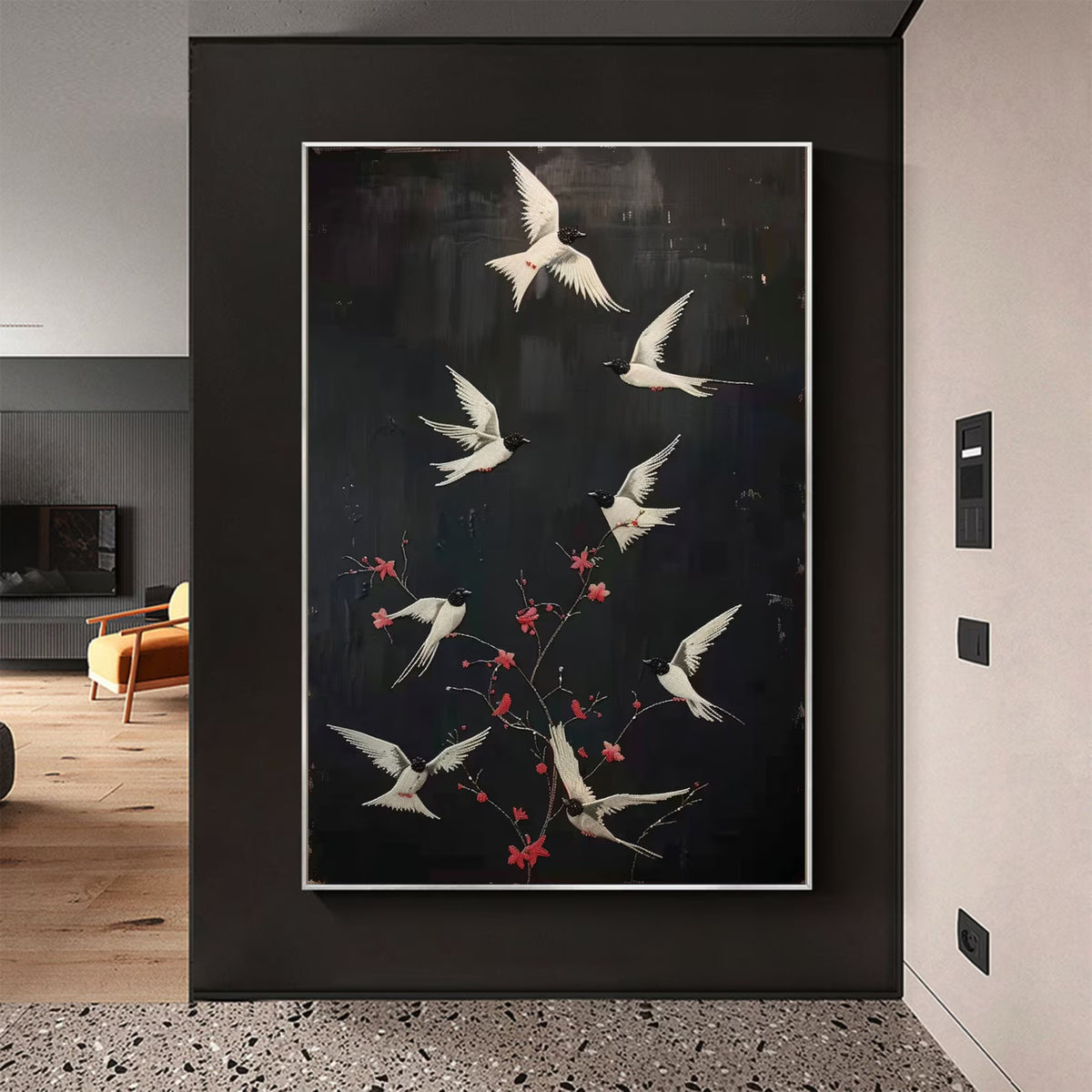 Handmade bird painting with dark tones, ideal for modern dining rooms or minimalist interiors.