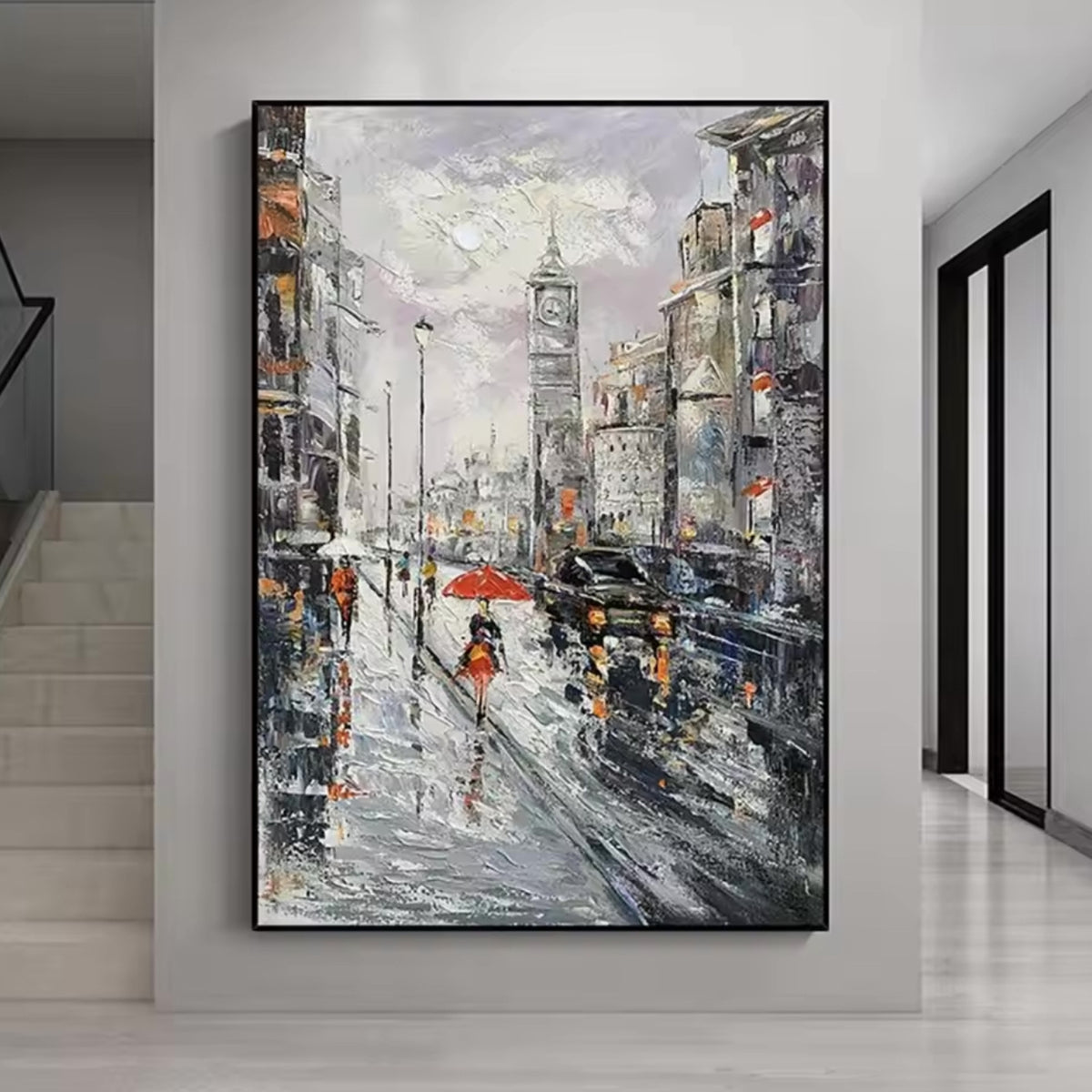 Handmade oil painting of rainy London street with Big Ben, ideal for classic home interiors or study walls.