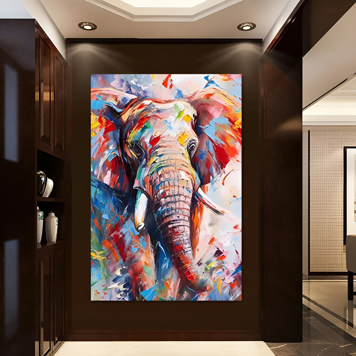 Bold and colorful handmade oil painting of an elephant, ideal for brightening minimalist interiors.