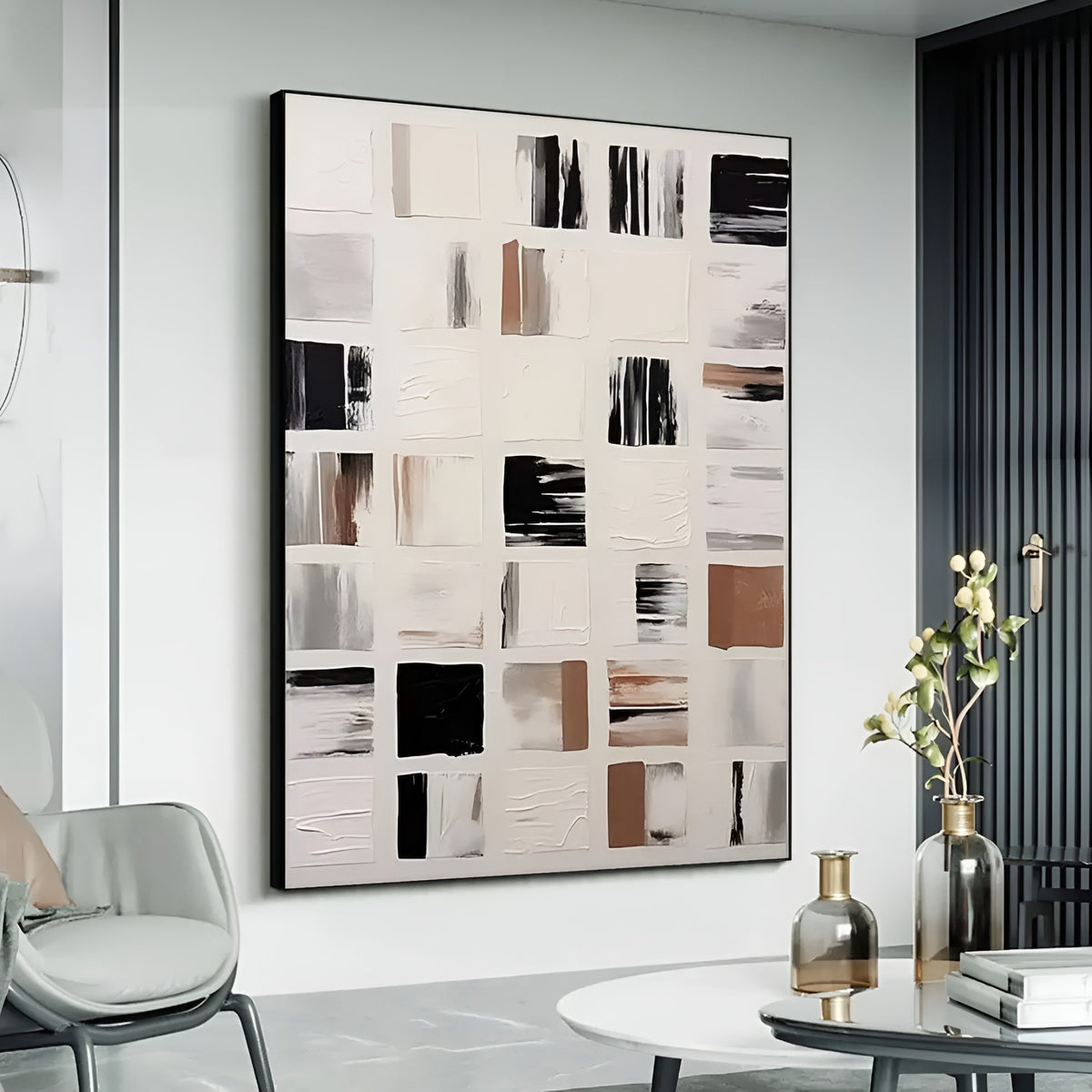 Neutral-toned abstract painting with layered, textured squares and rectangles in black, cream, and warm brown tones—ideal for living rooms, hallways, or home offices with a modern aesthetic.