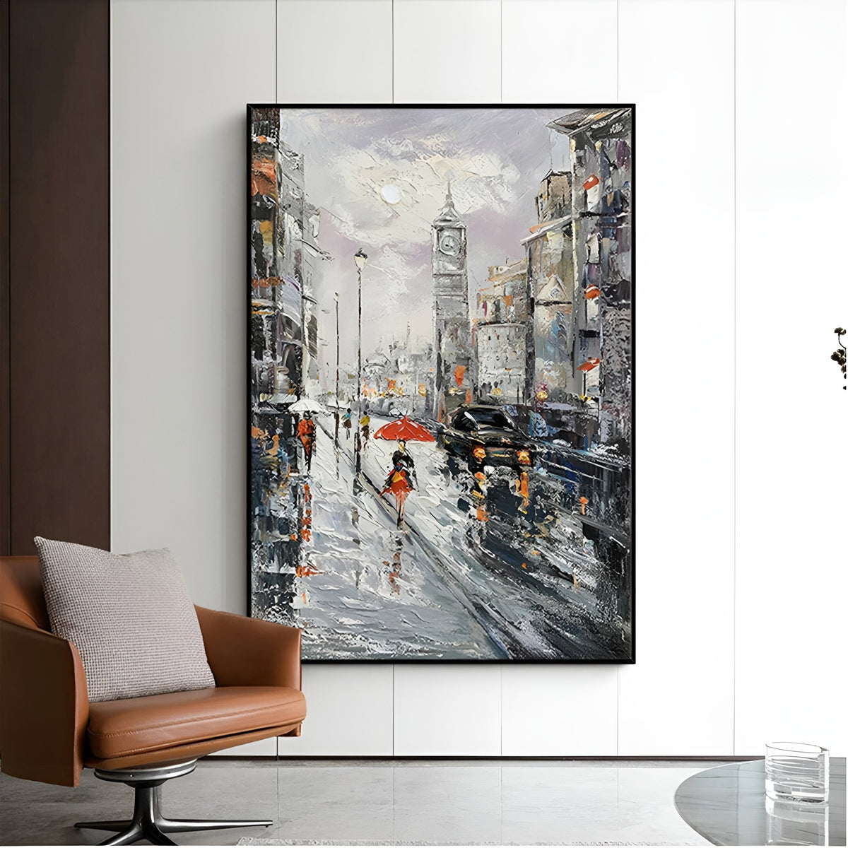 Hand-painted rainy day scene featuring Big Ben, suitable for elegant hallway displays or living rooms.