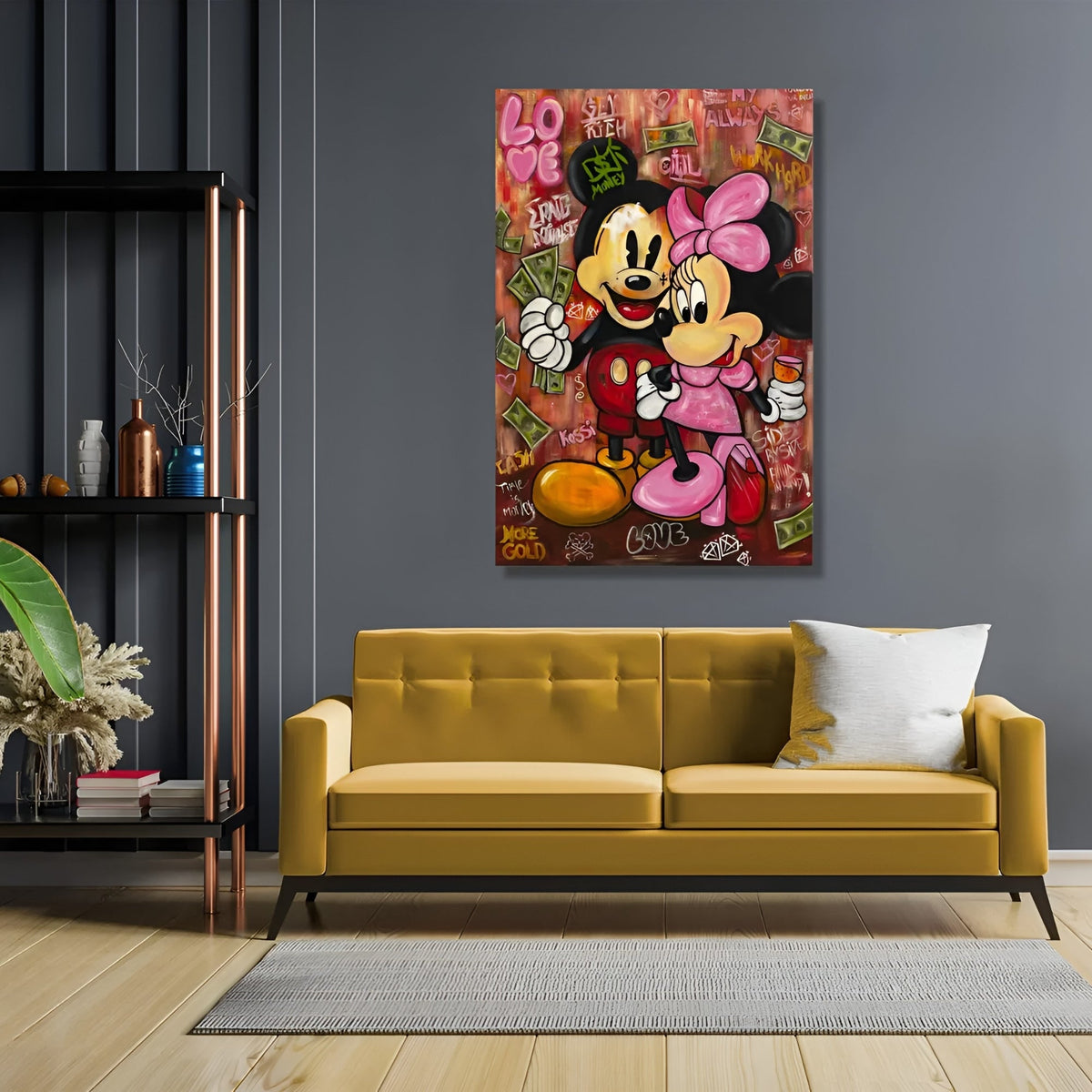 Mickey and Minnie graffiti wall art – hand-painted canvas with street-style elements, ideal for trendy and artistic spaces.