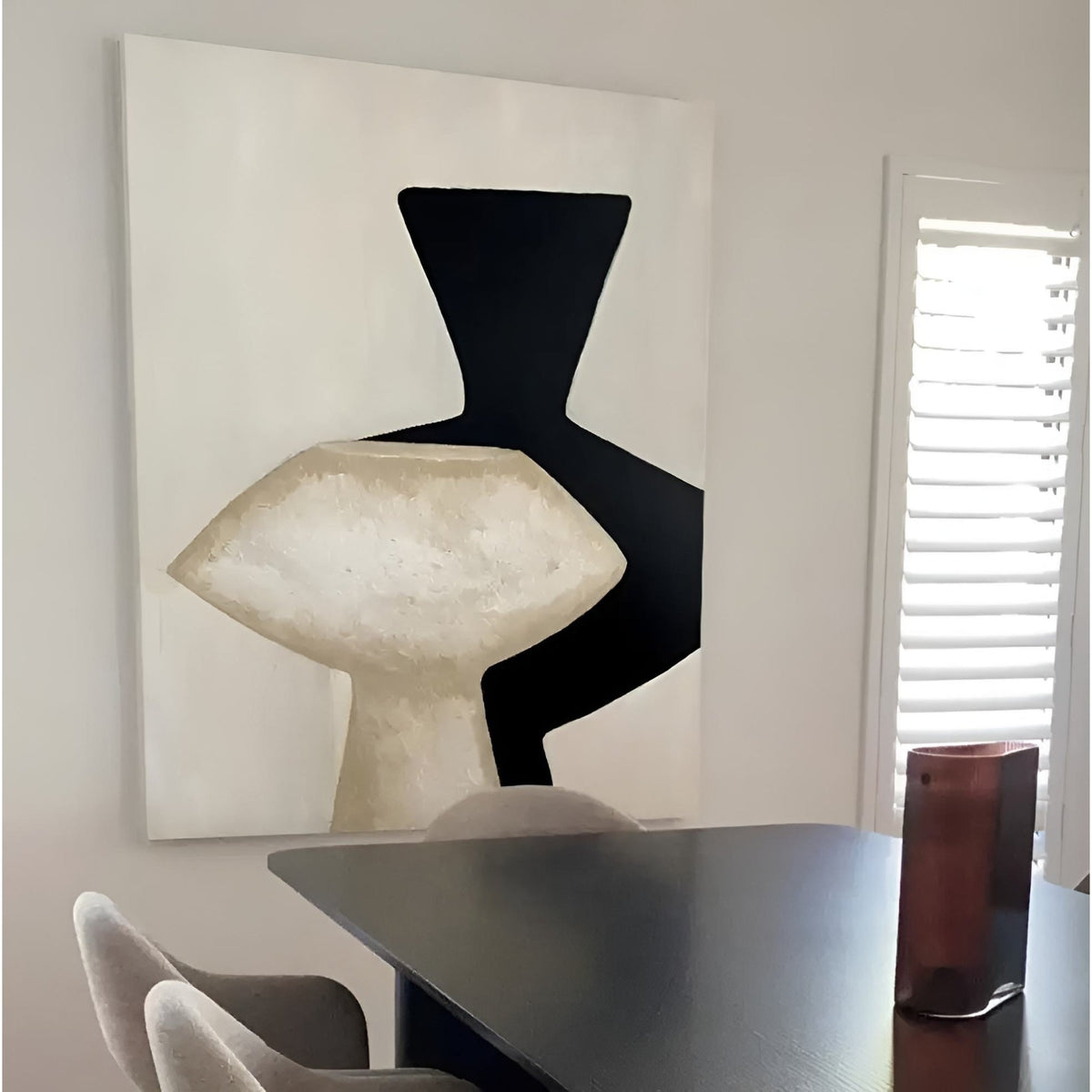 Minimalist abstract painting with geometric black and beige shapes, perfect for modern interior decor.