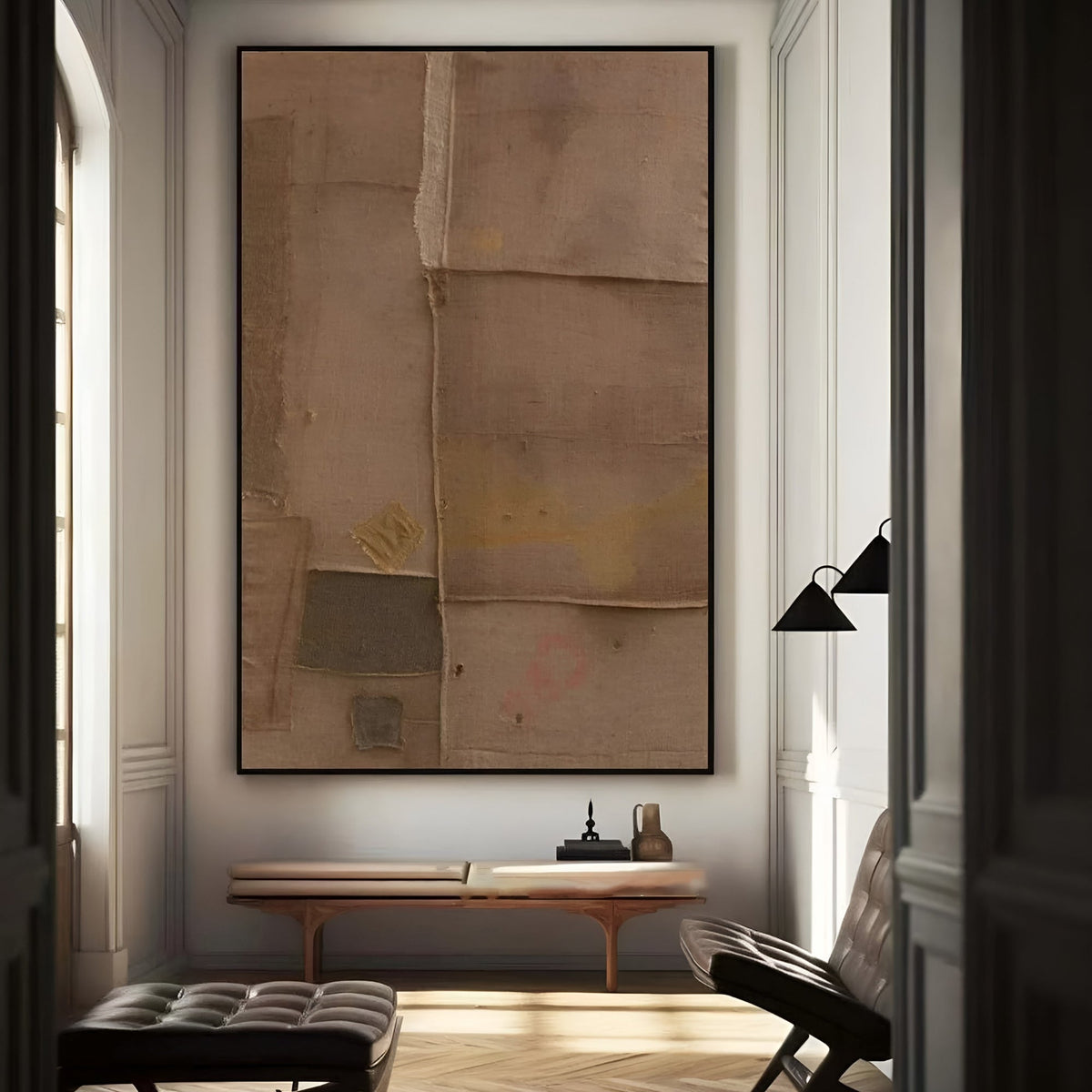 Large Vintage Textile-Inspired Artwork - Modern Japandi Wall Art