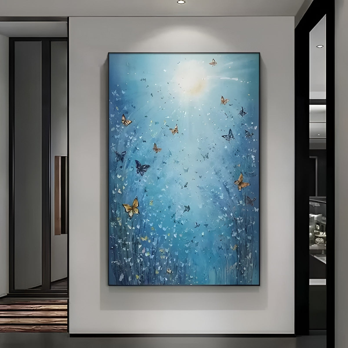 Handmade butterfly oil painting in blue tones, modern wall art perfect for serene living room or bedroom interiors.