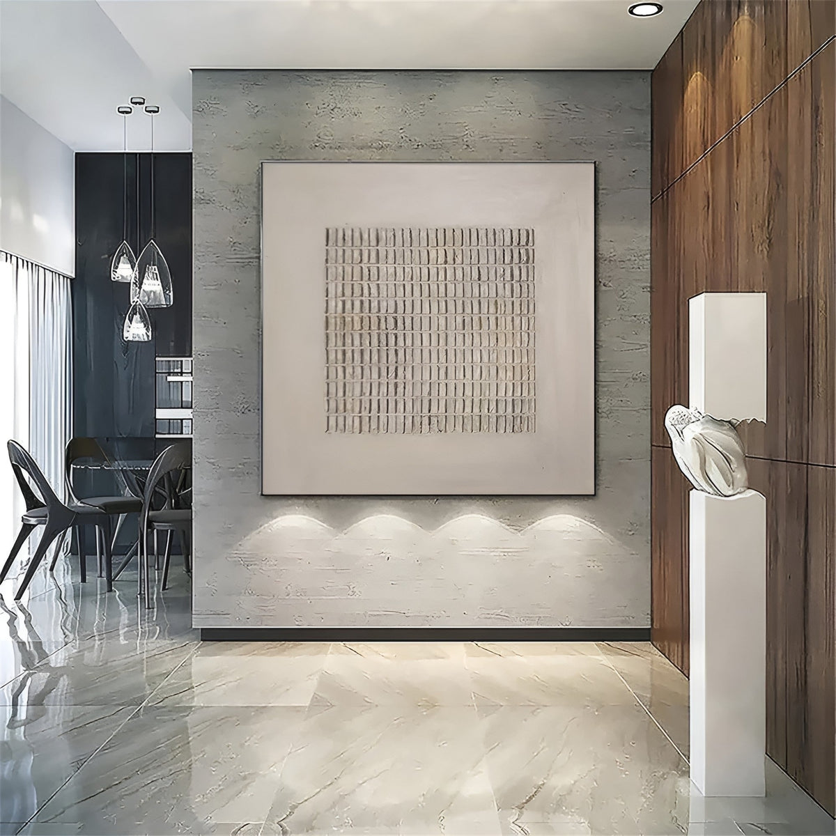 Minimalist Abstract Canvas – A textured abstract oil painting in neutral tones, featuring an intricate grid pattern that adds depth and dimension to a contemporary interior.