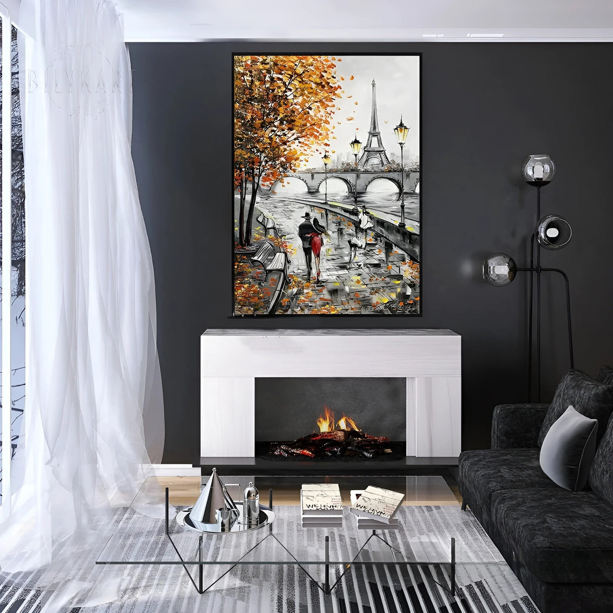 Autumn in Paris painting with classic lampposts and bridge – A textured, atmospheric piece bringing nostalgic elegance to any space, especially stylish living areas or boutique cafes.