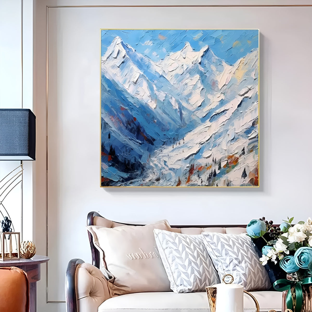 Snowy mountain oil painting in a modern living room, perfect for alpine-themed home décor.