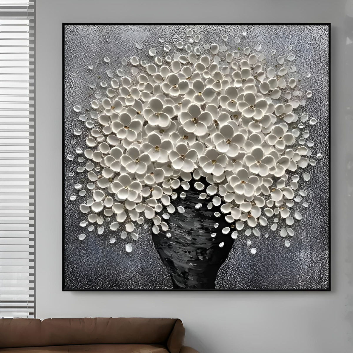 Elegant white floral bouquet oil painting, handmade and ideal for minimalist home or office interiors.