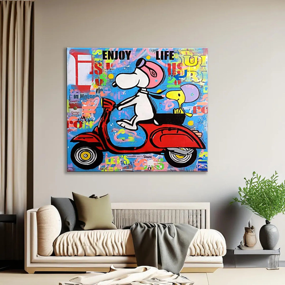 Modern pop art featuring Snoopy on a Vespa, bright graffiti-style artwork for stylish decor.