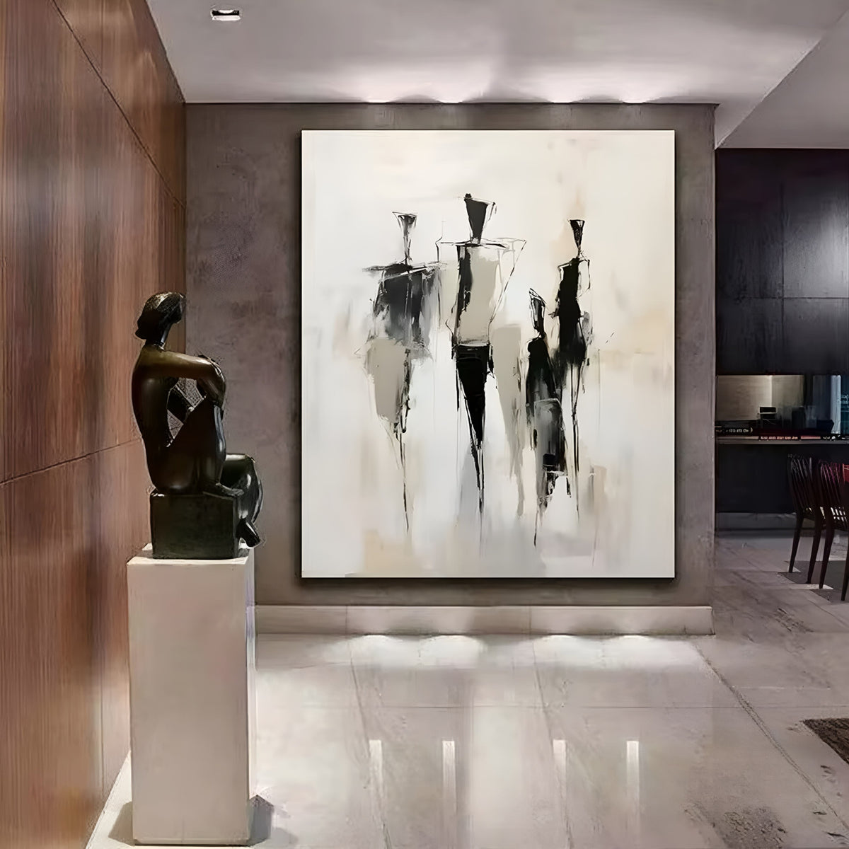Handmade oil painting of abstract black and beige figures, perfect for modern living rooms.