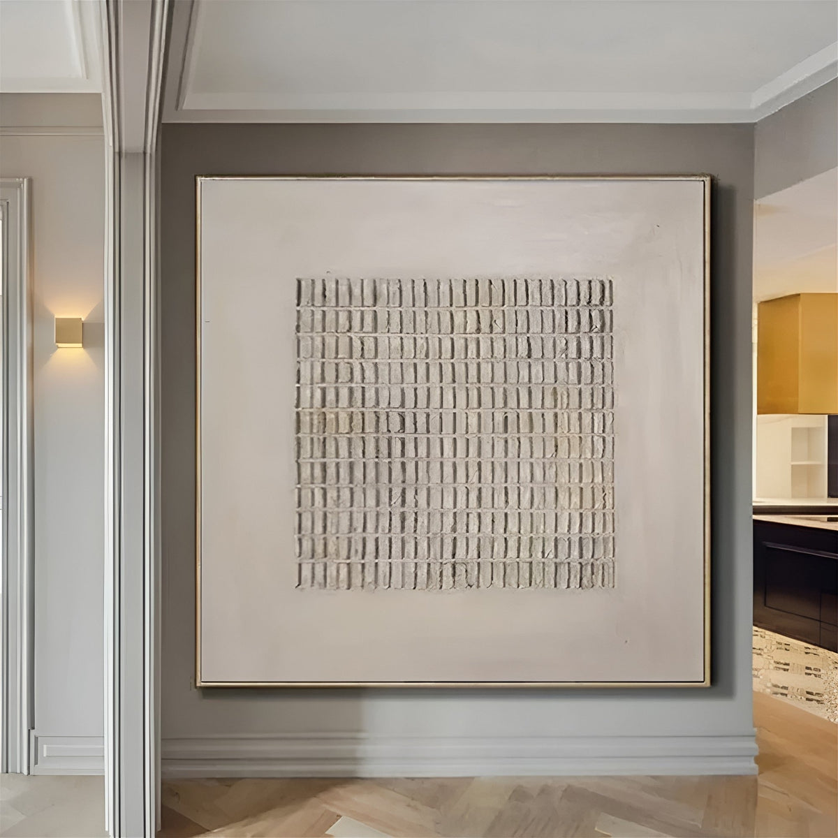 Neutral Tactile Wall Art – A monochromatic oil painting with delicate embossed details, complementing a warm, earth-toned decor with organic textures.