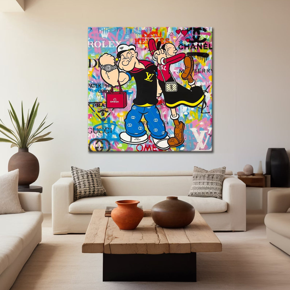 Luxury pop art painting of Popeye and Olive Oyl in streetwear with designer brand logos – modern graffiti-style artwork.
