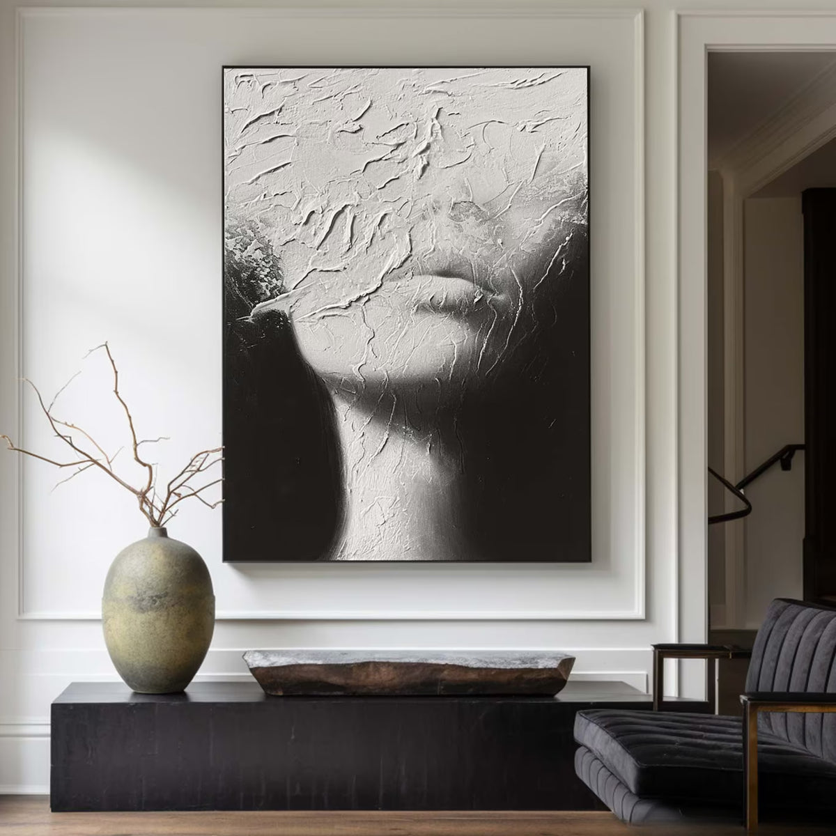 Handmade oil artwork showing a partially hidden face, great for upscale interiors, creative workspaces, or art galleries.