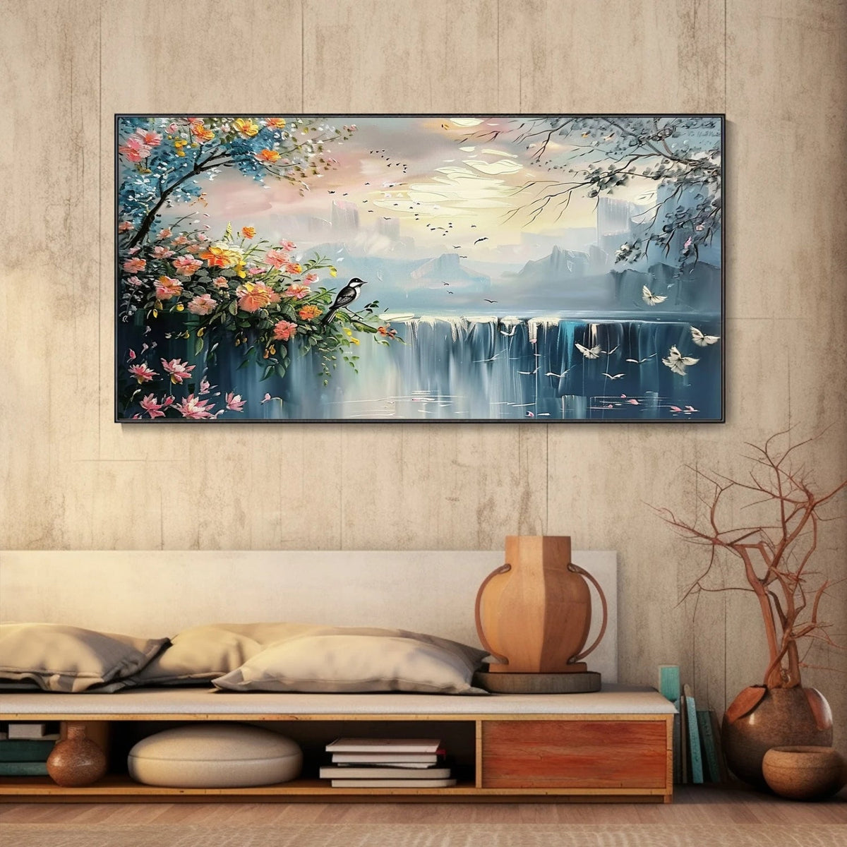 Serene landscape oil painting with delicate flowers and birds, ideal for contemporary spaces. Elegant, nature-inspired wall decor.