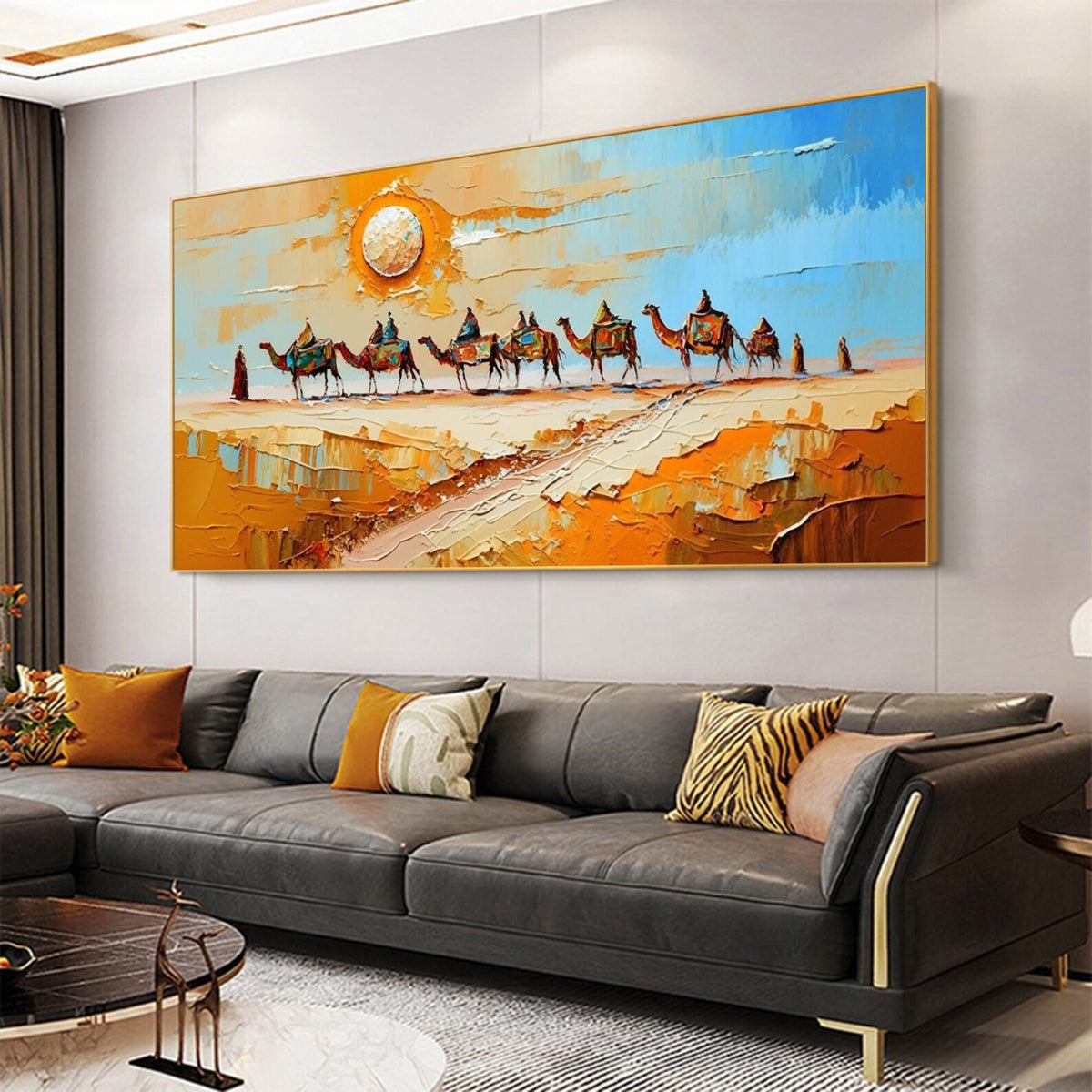 Modern desert artwork with camels under the sun – This horizontal painting adds warmth and adventure to minimalist or travel-themed rooms.
