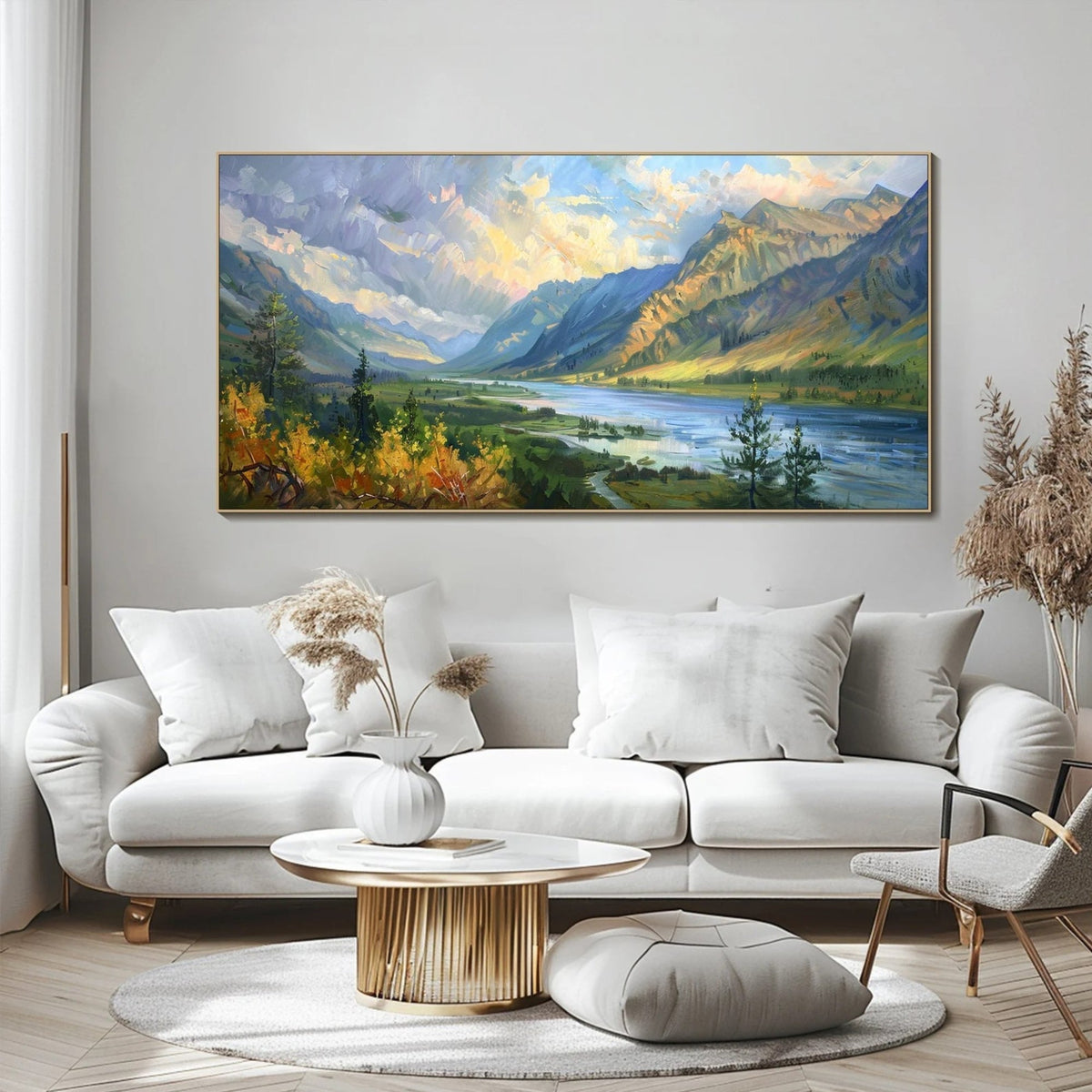 Elegant oil painting of majestic mountains and a flowing river, ideal for office or home decoration.