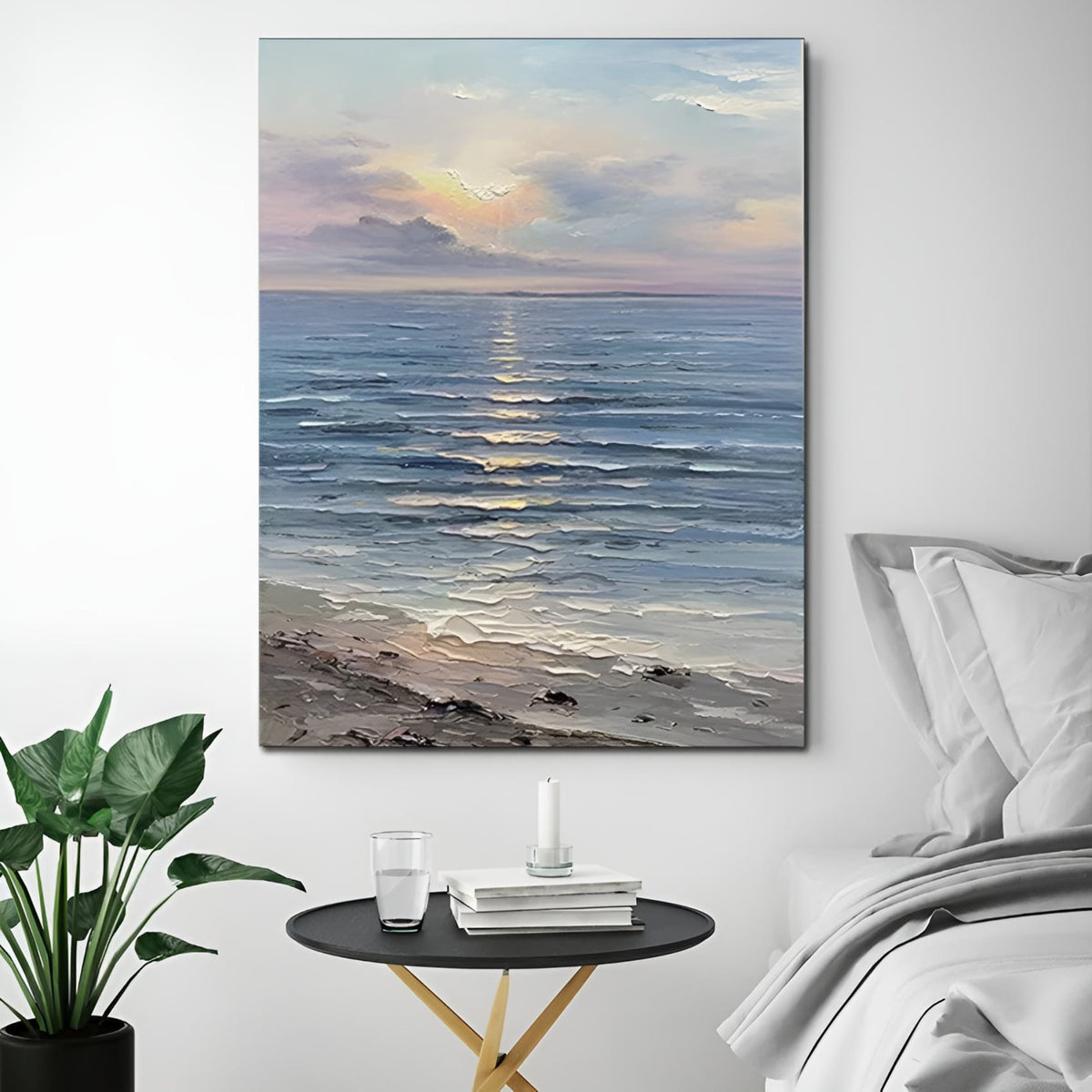 Textured seascape wall art, a relaxing touch for spa-like bathrooms or minimalistic bedrooms.