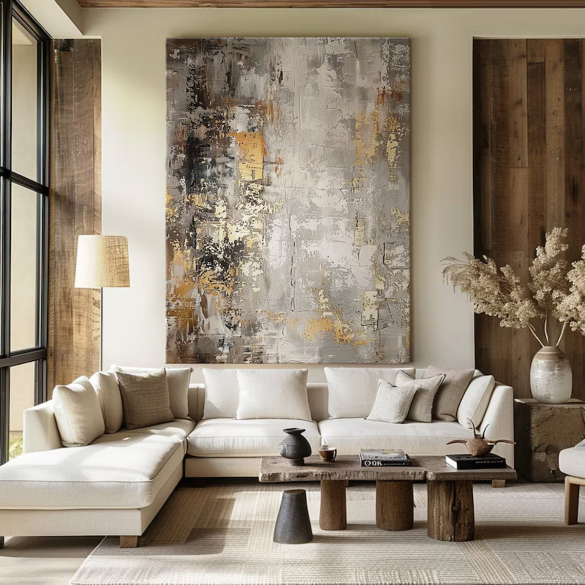 Contemporary abstract artwork featuring gold and silver hues on a textured canvas, enhancing the warm aesthetic of a rustic yet modern space.