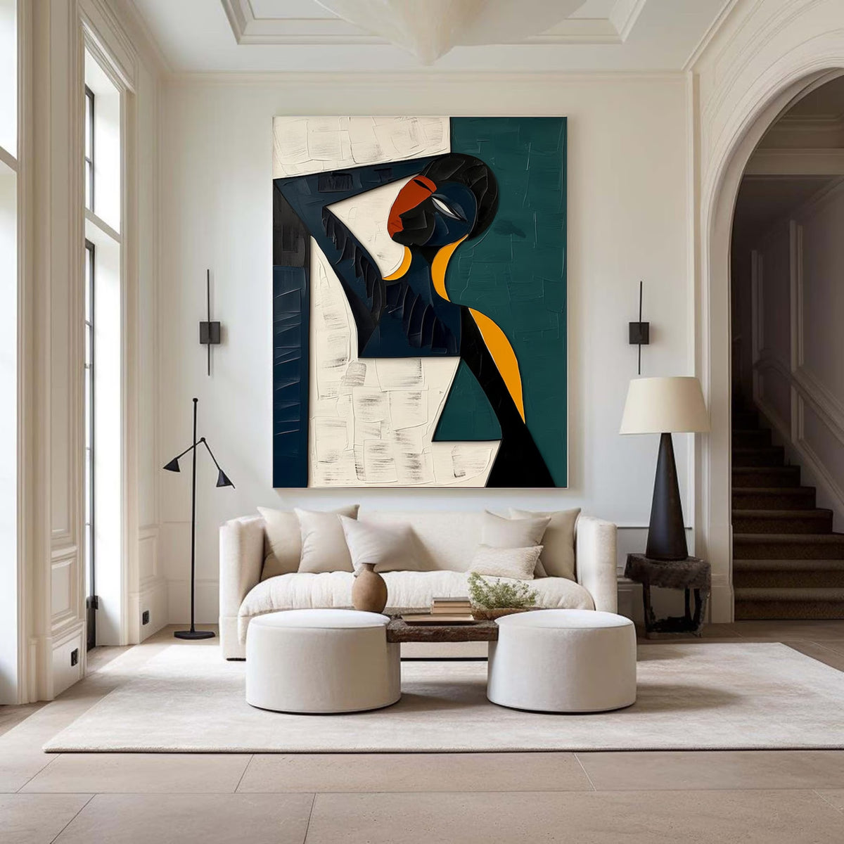 Modern abstract portrait painting of a woman in geometric shapes and deep tones of teal, black, orange, and ivory, displayed in a contemporary dining room with gold-accented chairs.