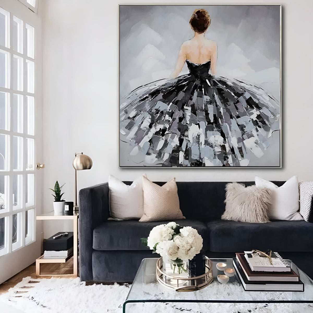 Handmade oil painting of a woman in a flowing dress, perfect for a refined hallway or dressing area.