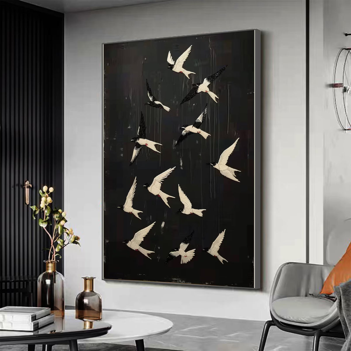 Sophisticated black and white bird wall art, handcrafted to suit Japandi, modern, or urban chic interiors.