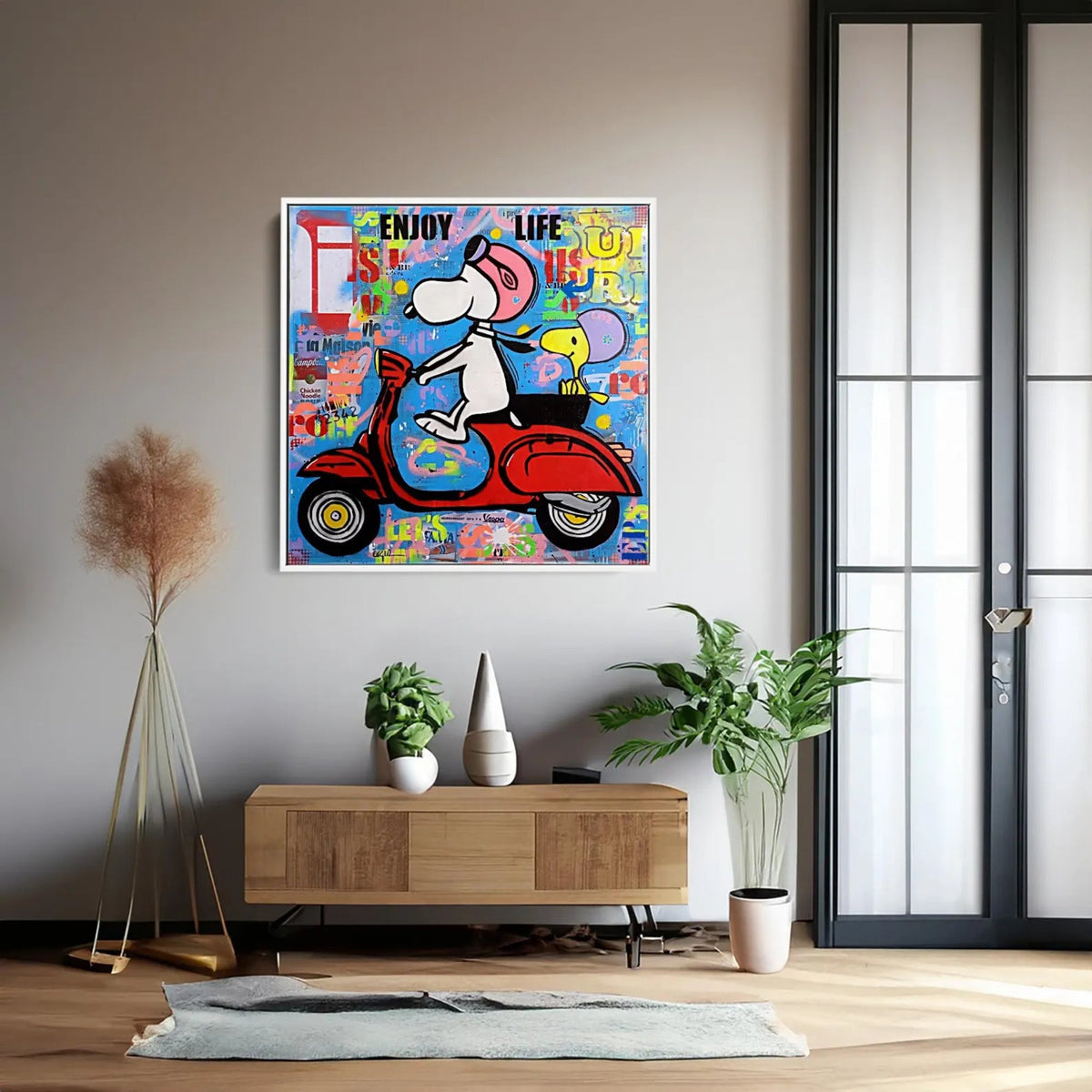Vibrant Snoopy graffiti-style artwork on a red Vespa, modern pop art canvas for trendy interiors.