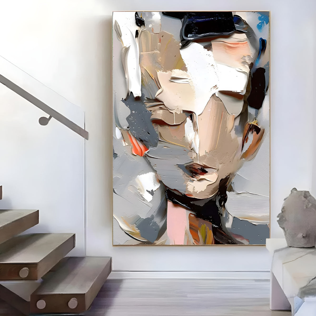 Expressive face oil painting with thick impasto texture, suited for galleries or contemporary homes.