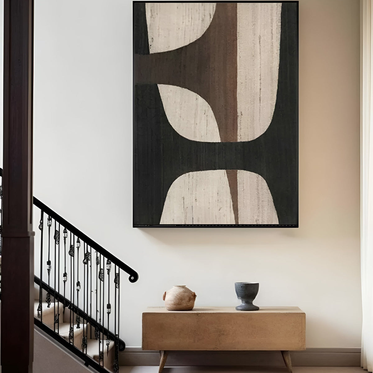 Textured geometric artwork with neutral colors, creating a bold statement in contemporary interiors. Handmade, high-quality canvas.