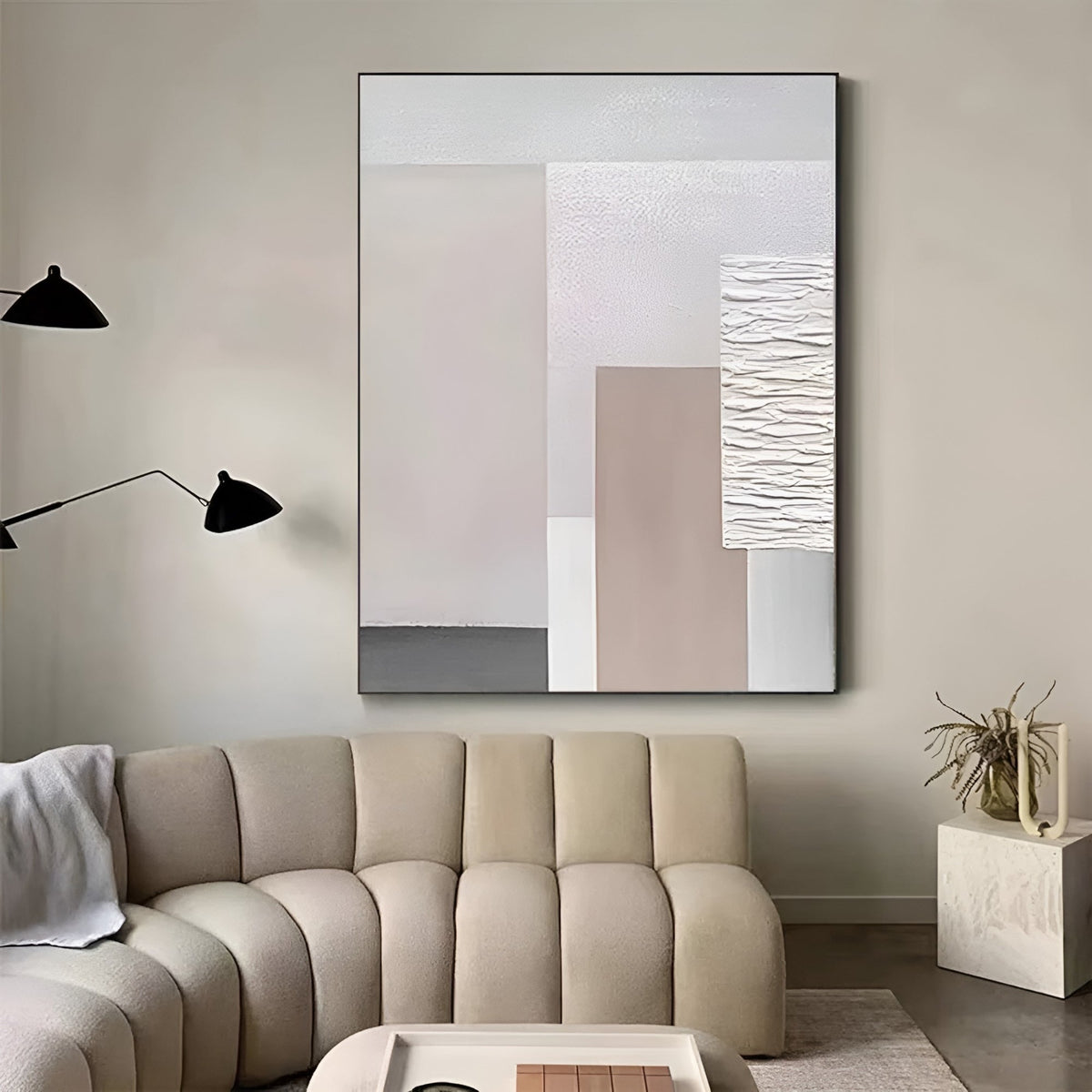 Textured geometric painting with a neutral palette, designed to complement modern interiors. Unique handmade artwork for wall decor.
