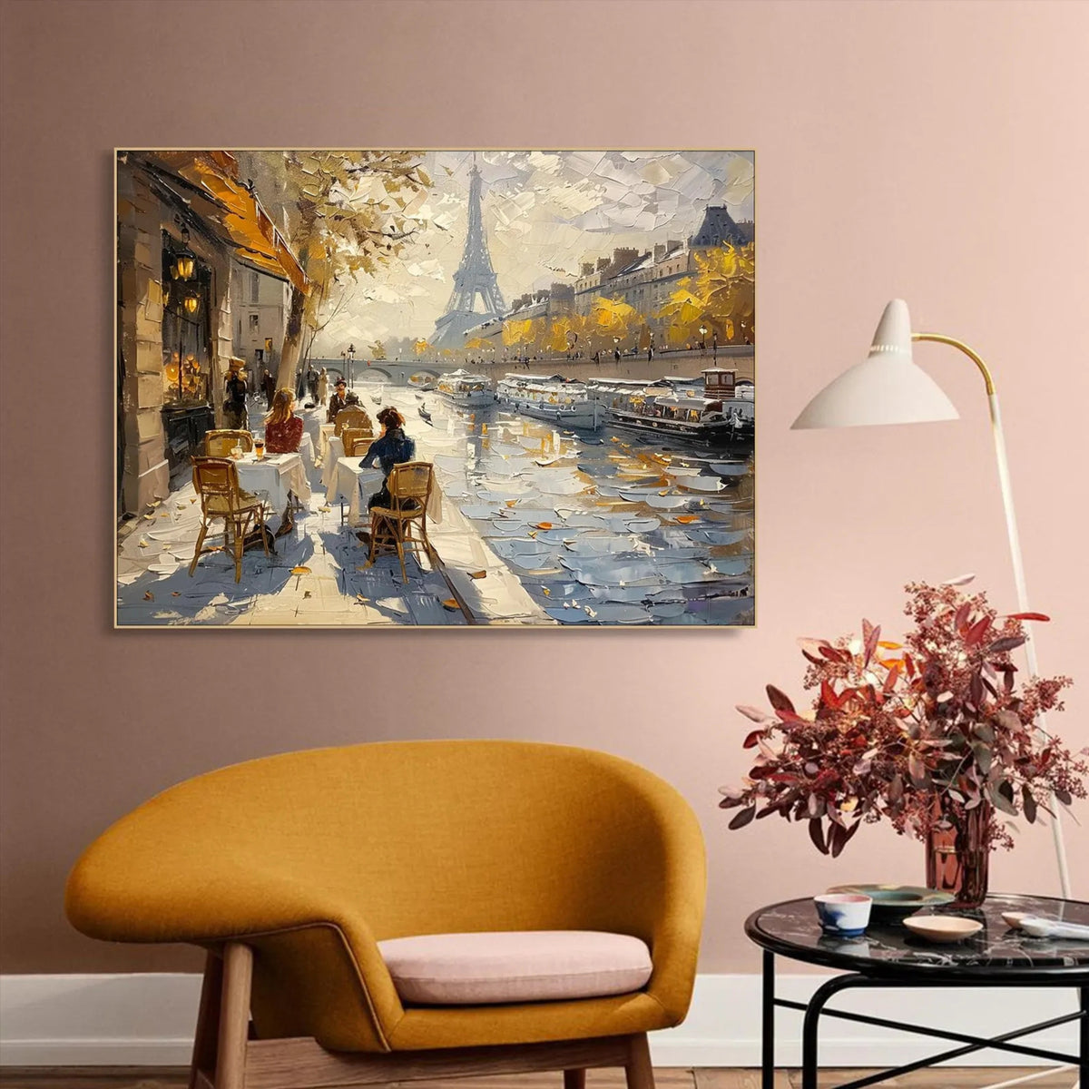 Romantic cityscape artwork of Paris, with warm tones and delicate reflections, a beautiful addition to bedrooms, study areas, or upscale restaurants with a European aesthetic.