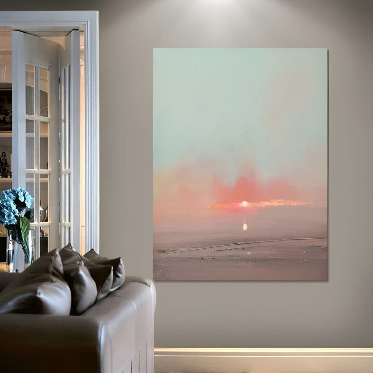 Pastel-toned handmade oil painting of a coastal sunrise, fitting for cozy bedrooms or stylish hotel lobbies.