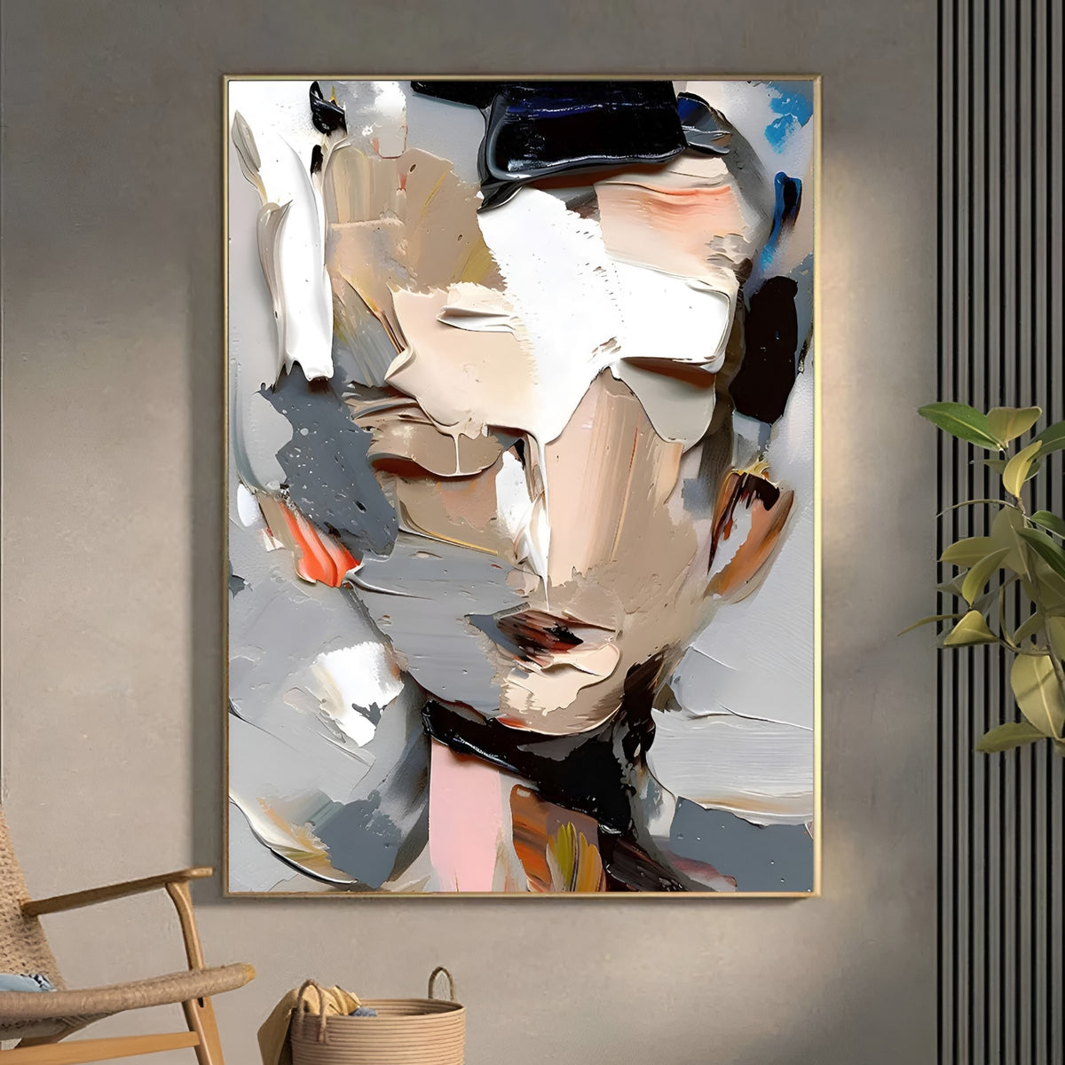 Abstract portrait oil painting with textured strokes, handmade and ideal for creative studio spaces.