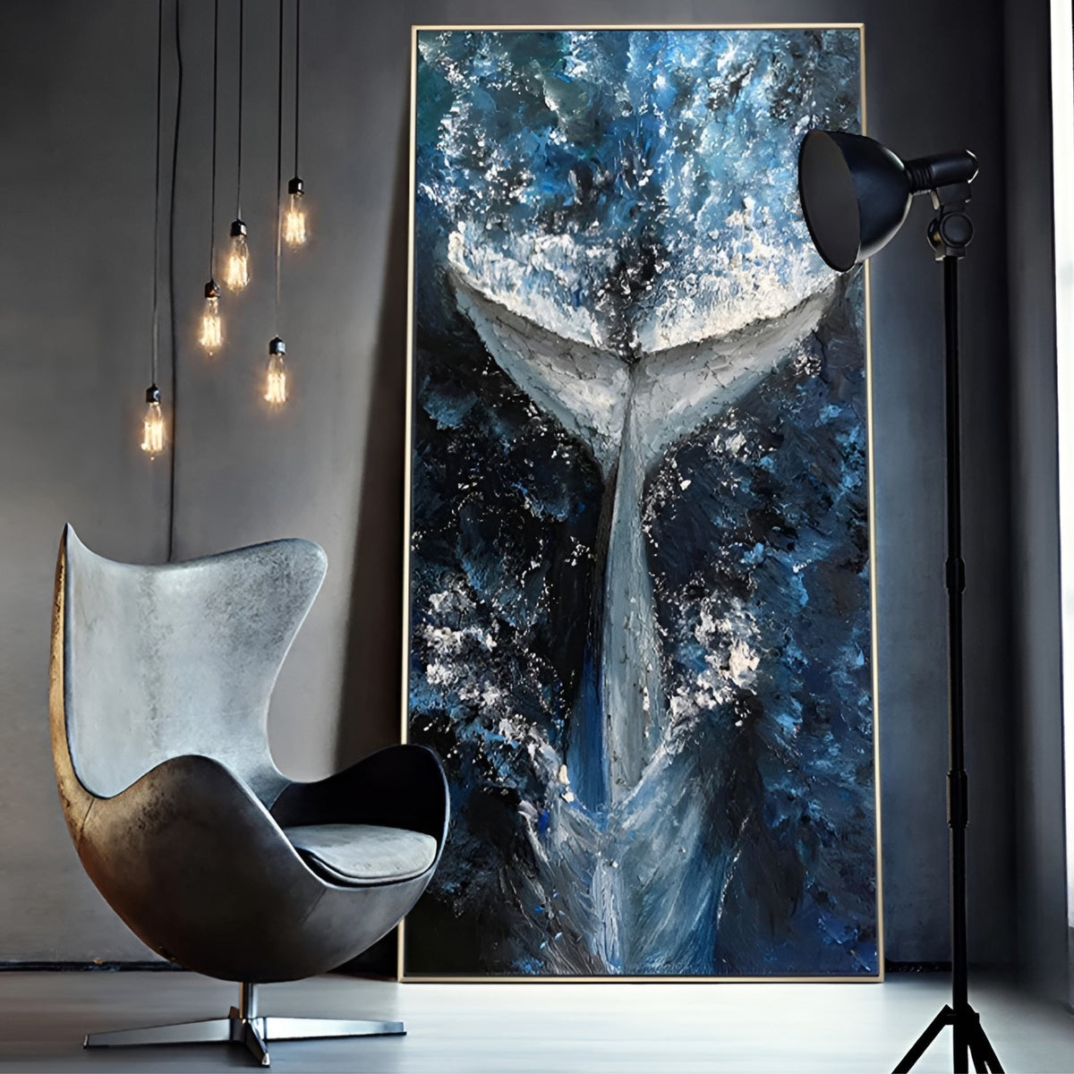 Elegant handmade whale tail oil painting with textured brushstrokes in blue and white tones.
