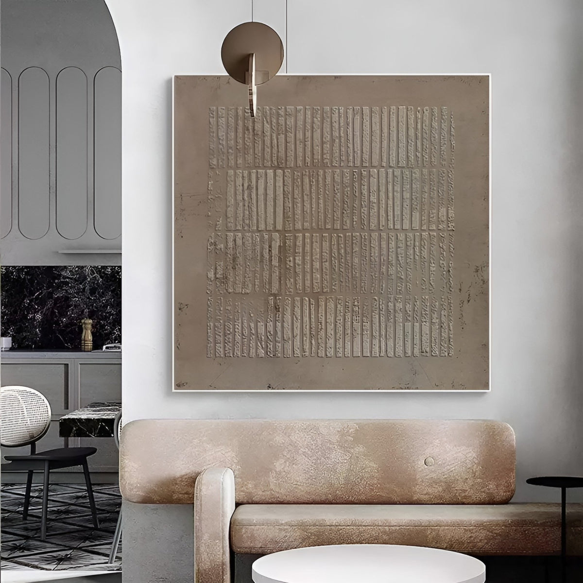 Minimalist textured abstract oil painting in neutral tones, framed in natural wood, perfect for modern home décor