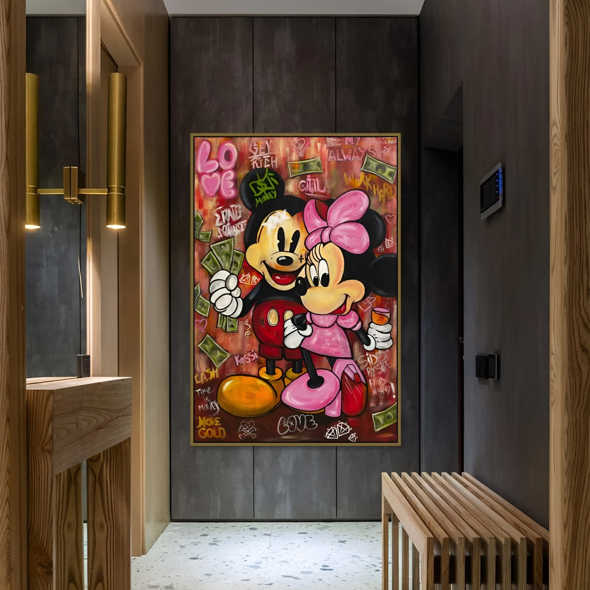 Urban pop art featuring Mickey and Minnie Mouse – a unique graffiti-inspired painting with vibrant colors and edgy design.