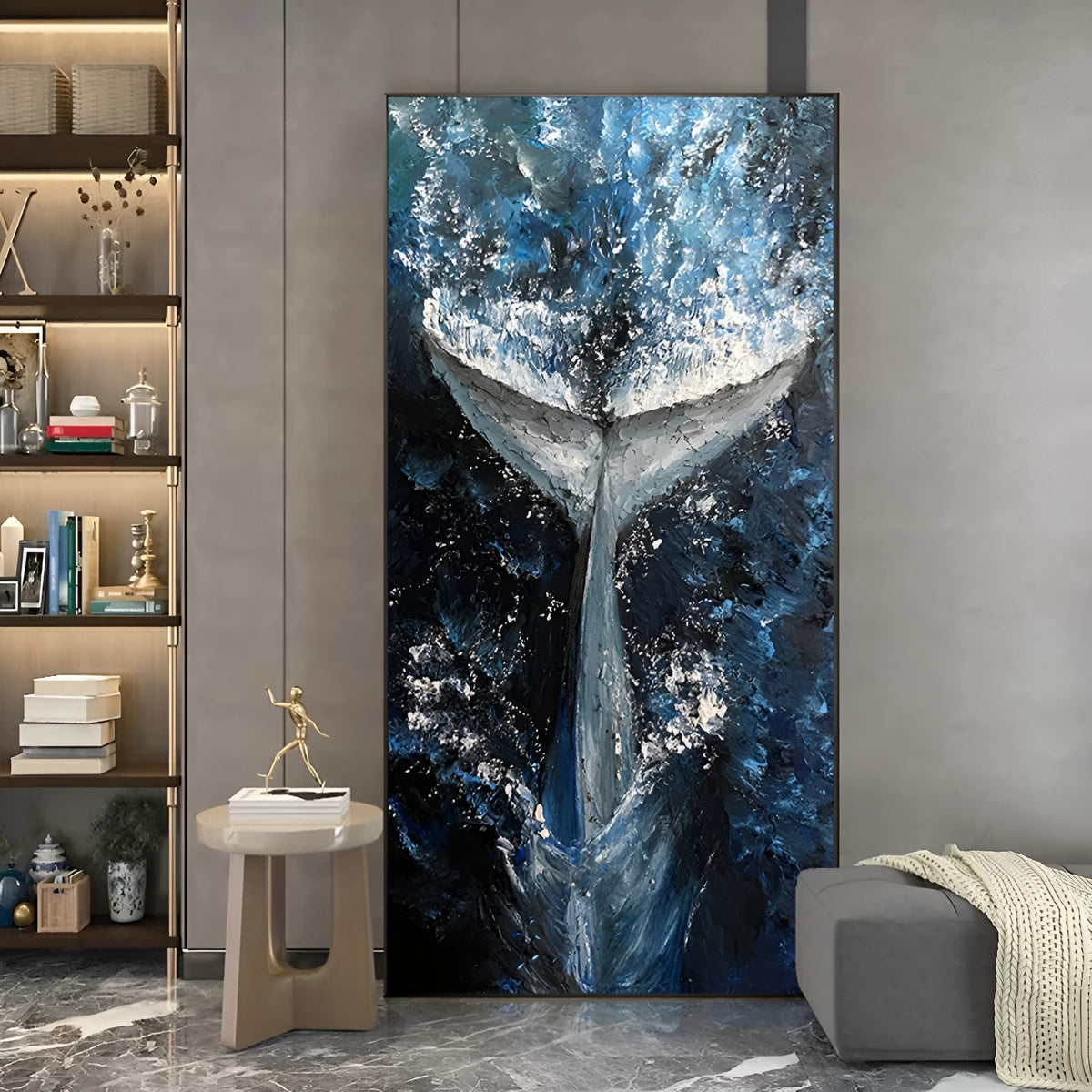 Handmade oil painting of whale tail diving in deep ocean, abstract blue wall art for modern interiors.