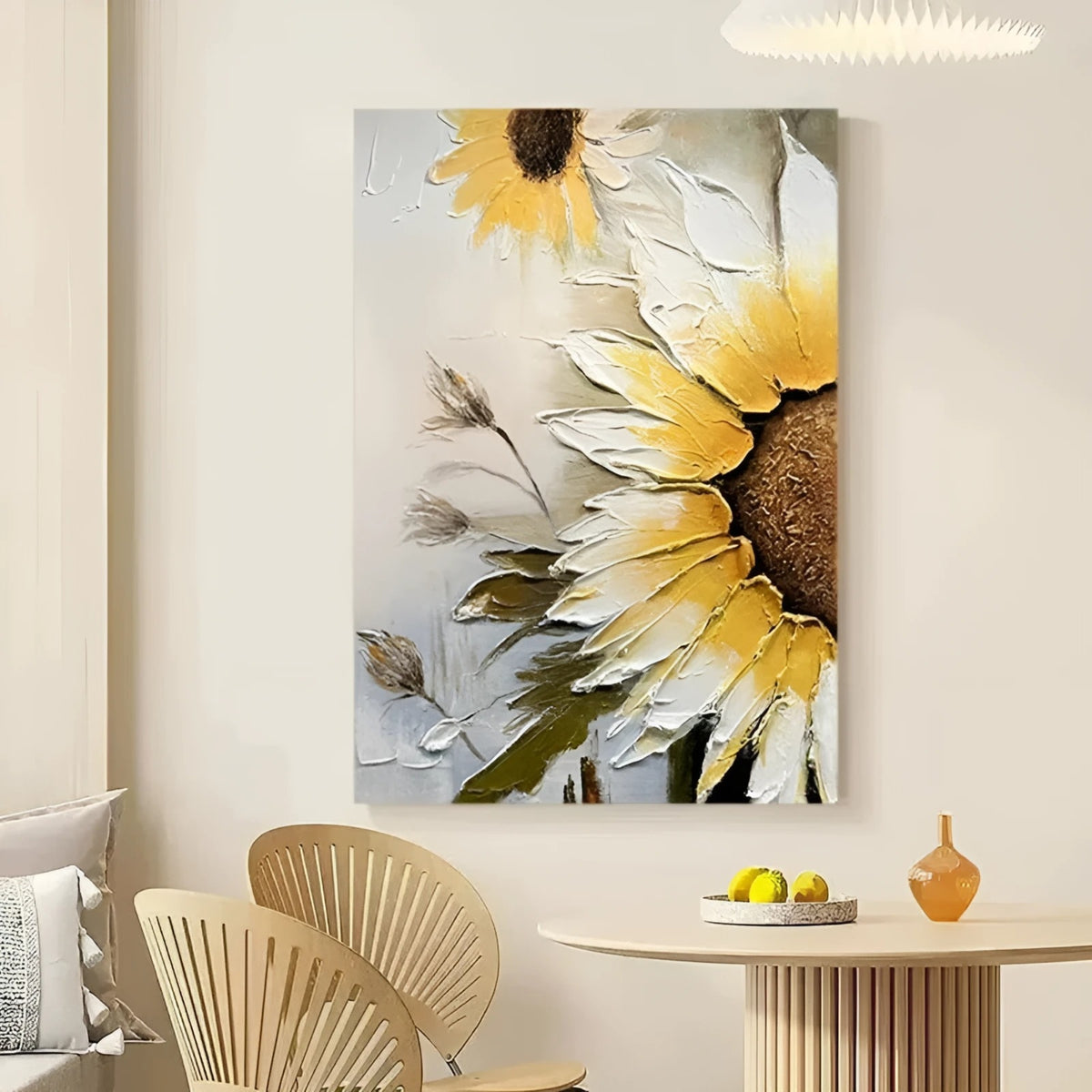 Close-up textured sunflower painting – A vibrant sunflower in thick, textured brushstrokes, perfect for bringing warmth and cheer to a kitchen or sunny breakfast nook.