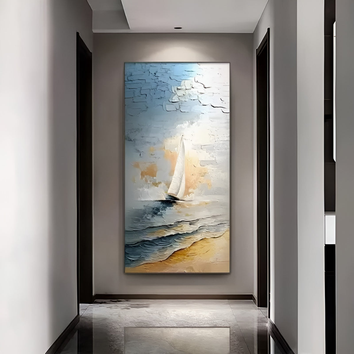 Luxury ocean sailboat painting with a golden sandy shore, ideal for coastal-inspired interiors and modern living room wall décor.