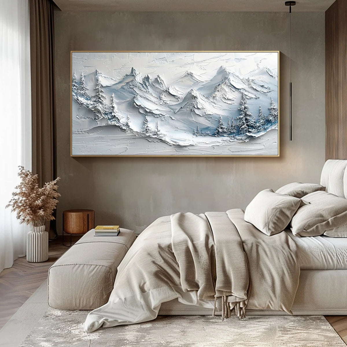  A textured oil painting of snow-covered mountains and pine trees in soft whites and icy blues, perfect for cozy cabins, ski chalets, or winter-themed interiors seeking a serene, alpine ambiance.