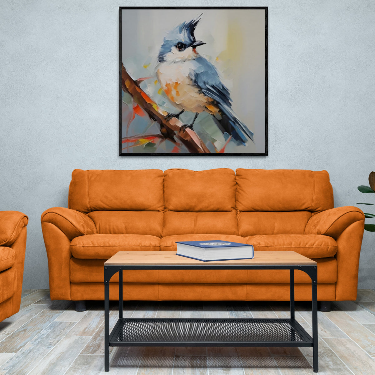 Textured oil painting of a bird on a branch, handcrafted for stylish wall decoration in living room or hallway.