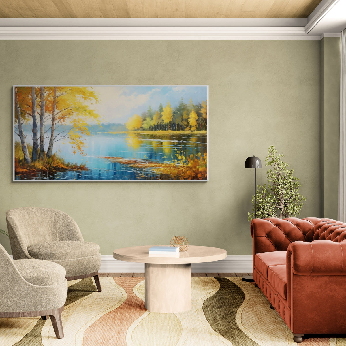 Tranquil forest lake canvas art in warm elegant sitting area