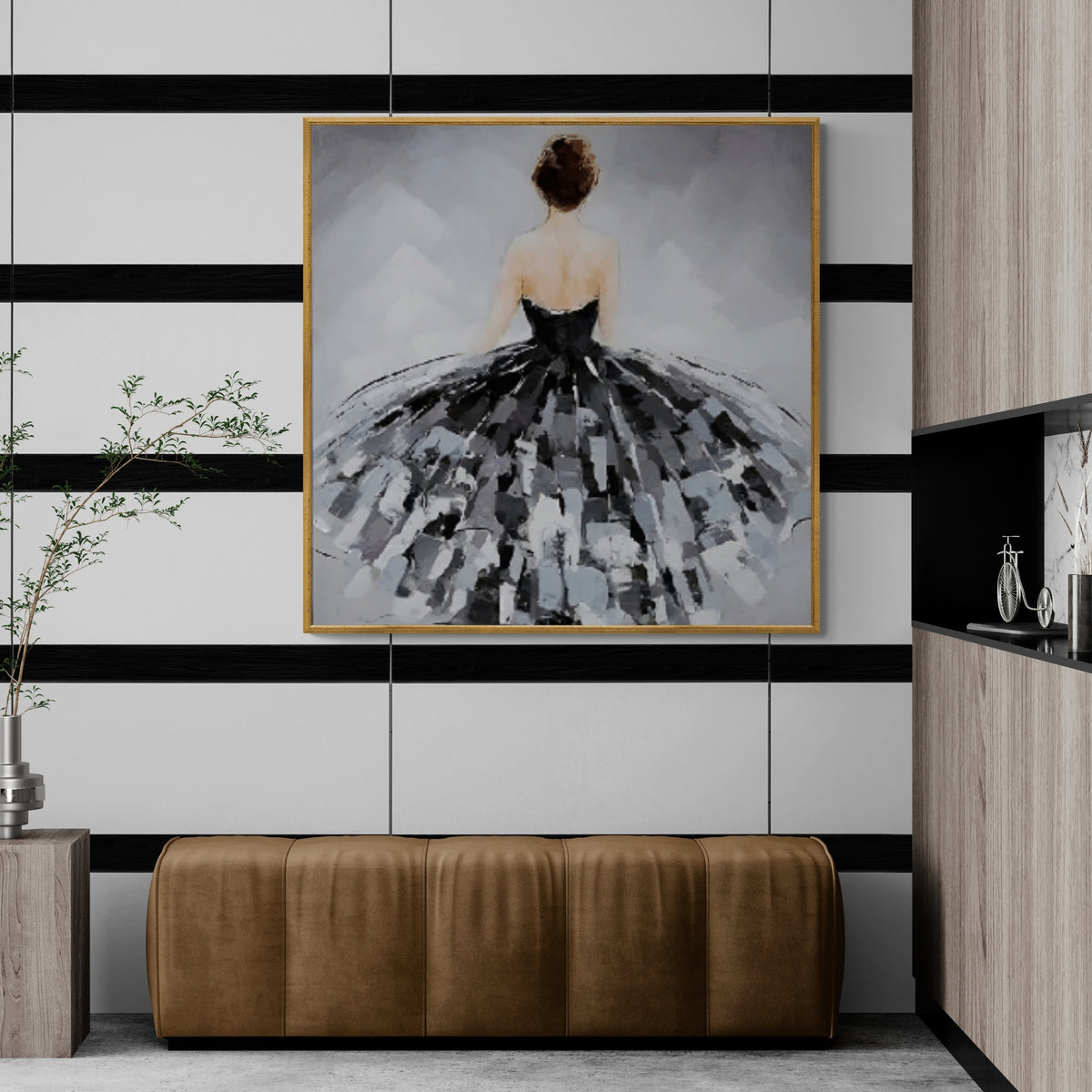 Textured oil painting of a poised woman in motion, a timeless touch for transitional interiors.