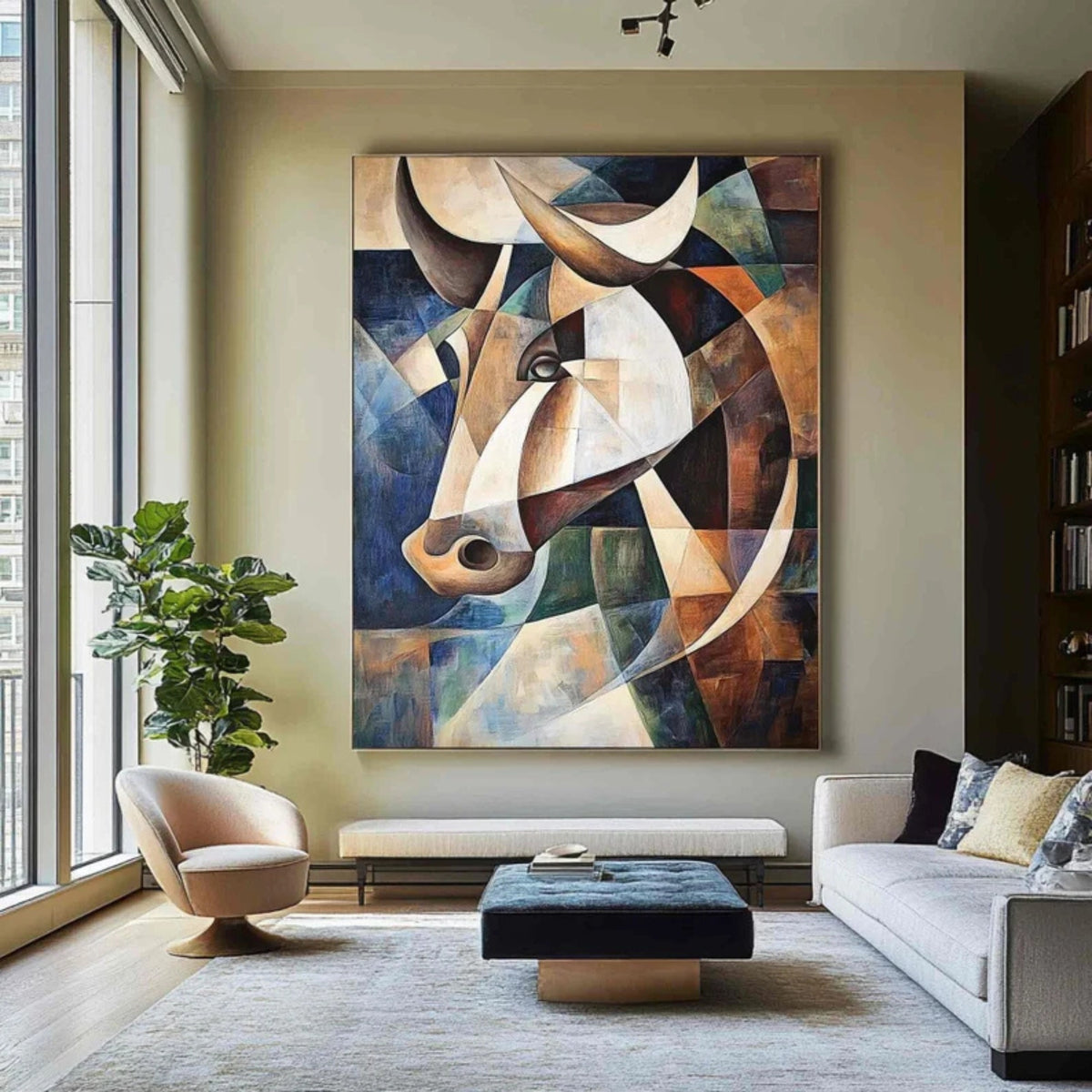 A hand-painted geometric shapes painting depicting a bull's head, displayed in a modern interior setting.
