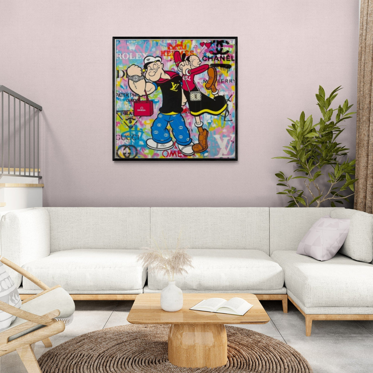Trendy graffiti pop art of Popeye and Olive Oyl in luxury street style, blending urban culture and high fashion on canvas.
