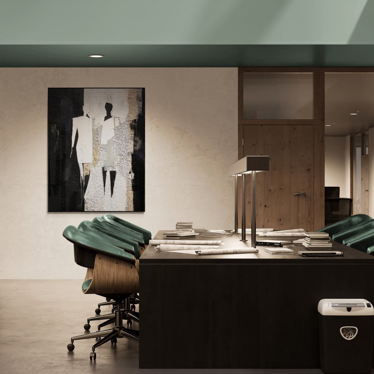 Contemporary Black-and-White Figurative Painting with Rough Texture and Soft Contrast – This elegant artwork adds a refined artistic edge to boardrooms or upscale workspaces with neutral décor.