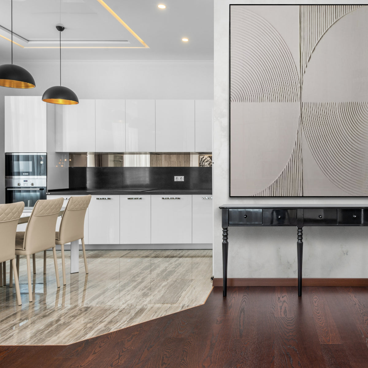 Minimalist abstract wall art with a monochrome palette and bold linear patterns, offering a sophisticated statement for modern homes, luxury kitchens, or upscale gallery walls.